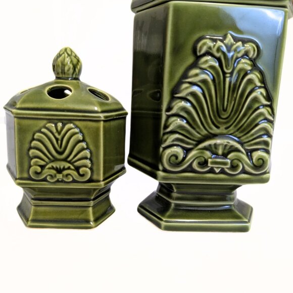 Vintage Green Japan Canister Counter Set of 2 Filigree Design Retro MCM - Picture 6 of 16
